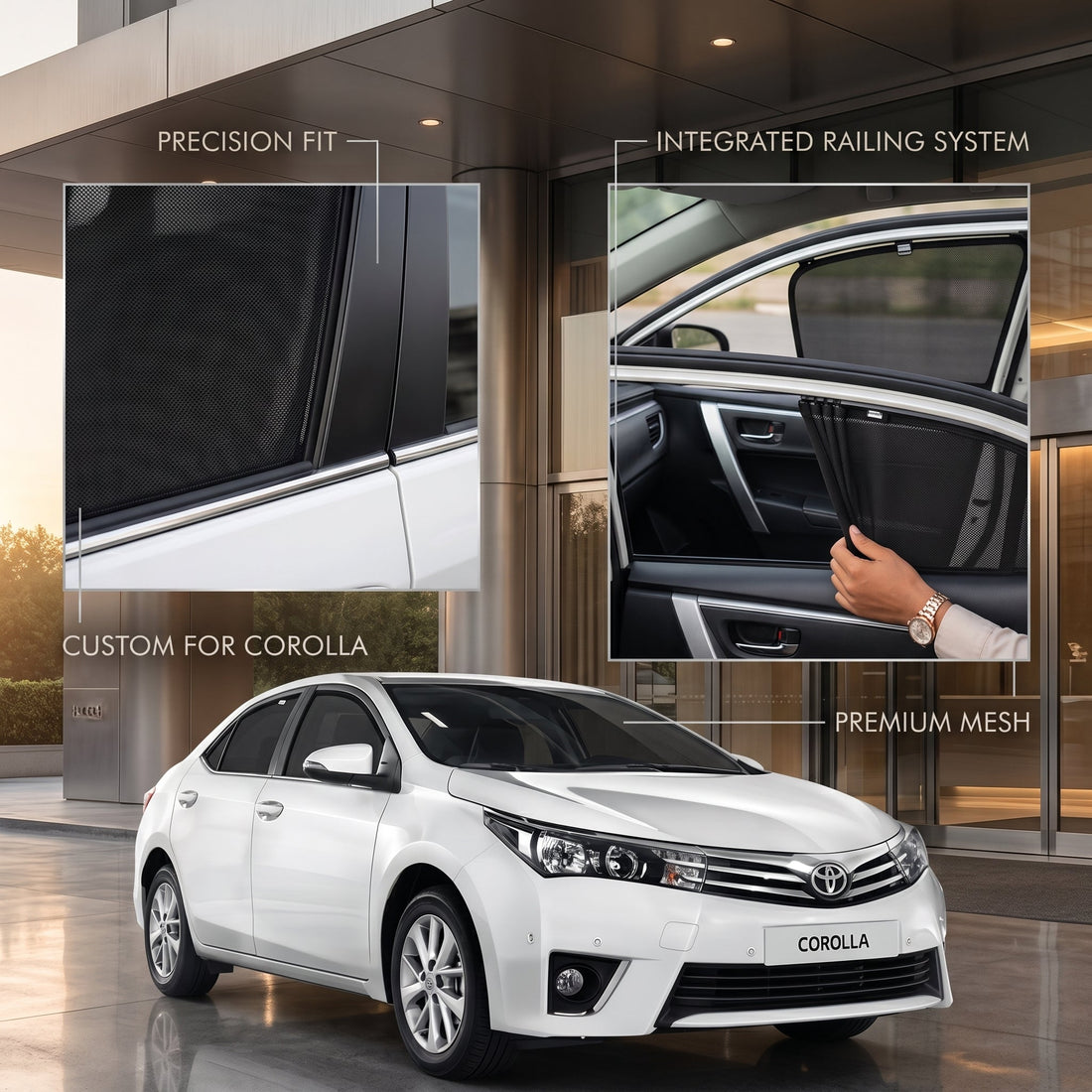 Toyota Corolla 2009–2014 Elite Sliding Railing Privacy Curtains – UV Sun Shades (4 Pcs)