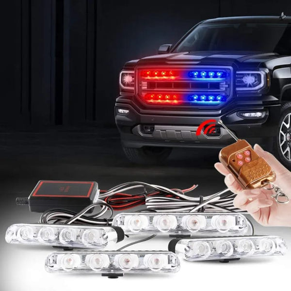 4-in-1 LED Car Strobe Flasher Lights with Remote Control – Grille Warning Light Kit (16 LED, Multi-Color)